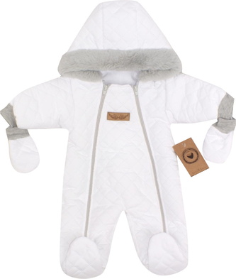 Z&Z Zimní prošívaná kombinéza s kožešinou a kapucí + rukavičky - bílá. vel. 74; 74 (6-9m); bílá; 100 % bavlna, akryl