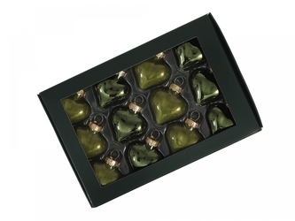 Sada vánočních skleněných baněk - srdíčka 4 cm, borovicový opál, 12 ks