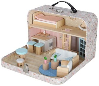 Domeček pro panenky v přenosném kufříku, dřevěný nábytek + příslušenství