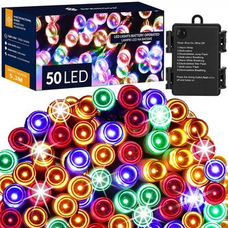 LED řetěz - 5m, 50LED, 8-funkcí, časovač, 3xAA, IP44, multicolor