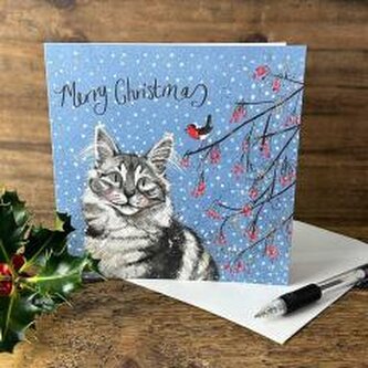 Karnet Święta kwadrat Kot i jarzębina