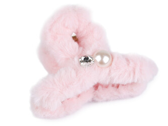 Skřipec do vlasů kožešinový s perlou a broušeným kamenem - 1 ks - 4 růžová nejsv.
