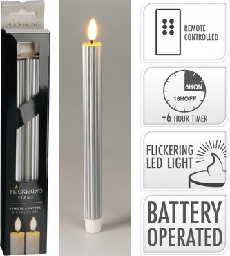 Sada 2ks stříbrných LED svíček s vroubkováním a blikajícím plamenem, 25 cm