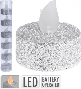 Stříbrná čajová LED svíčka - sada 6ks