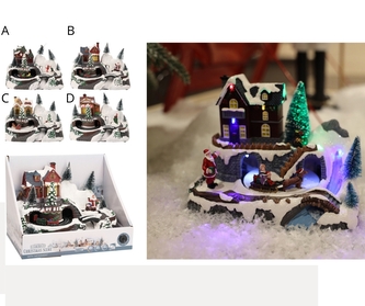 Vánoční LED pohyblivá scenérie B, 24 cm - Santa, vláček, dům