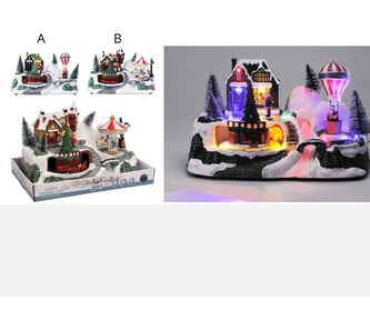 Vánoční LED scéna A - malá vesnička s létajícím balónem