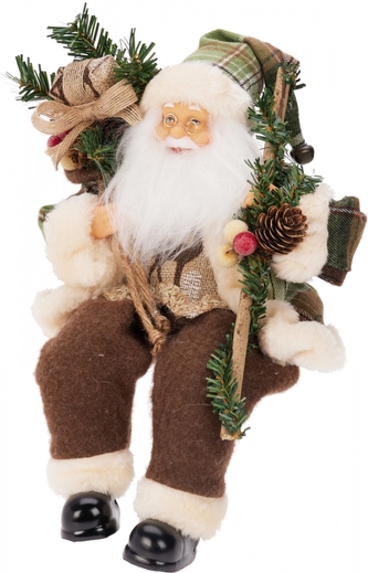 Sedící Santa s pytlem dárků a holí 30 cm