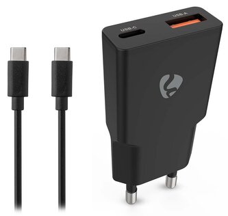 NEDIS síťová nabíječka/ 30 W/ PD 3.0/ rychlé nabíjení/ 1.5 / 2.0 / 2.22 / 3.0 A/ USB-A/ USB-C/ černá/ kabel 1,5m