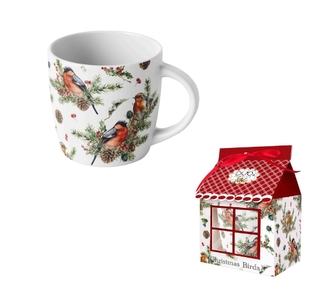 Porcelánový hrnek VÁNOČNÍ PTÁČCI 1, 400 ml v papírovém domečku