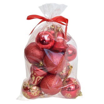 Vánoční koule v sáčku různé druhy, červené, 14 ks
