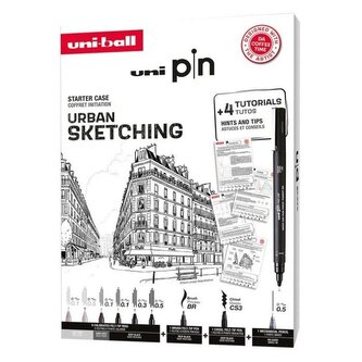 UNI PIN sada Urban Sketching dárkový box, 8 linerů + SHALAKU mikrotužka