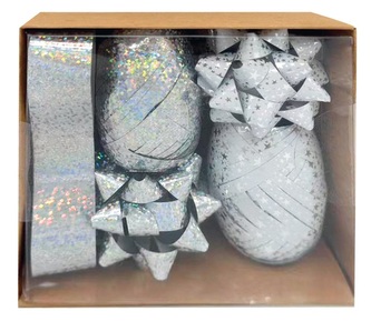 Sada na balení dárků stříbrná, rozeta 5 x 2 x 5 cm 4 ks, stuha 0,5 cm x 10 m 2 ks, stuha 2 cm x 2 m