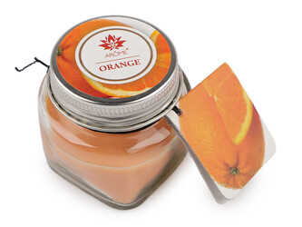 Malá vonná svíčka ve skle s jmenovkou 28 g Fruit, Floral - 1 ks - 14 (Orange) lososová