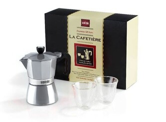 Dárková sada La Cafetiere Classic Espresso - moka konvice na 3 šálky + 2 dvoustěnné sklenice na espresso, stříbrná