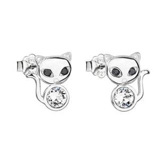 EG2509-CR Stříbrné náušnice pecka s krystaly Swarovski bílá kočka - zvířátka