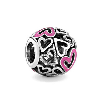 B0387 Stříbrný přívěšek korálek s růžovými srdíčky - srdce