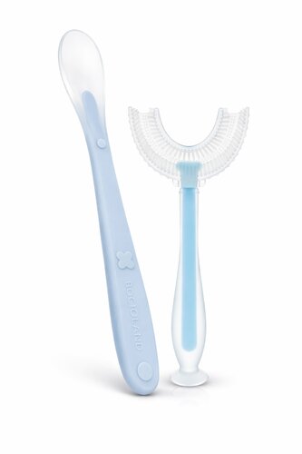 Silikonová lžička + kartáček ve tvaru U - modrá; modrá; silikon