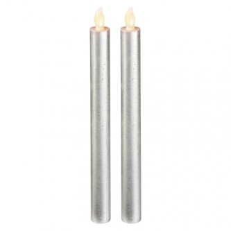 LED svíčky, 25cm, metalické stříbrné, 2× AAA, jantarová,2 ks