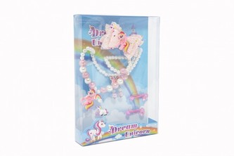 Sada krásy jednorožec náušnice, náhrdelník, sponky do vlasov, prstienky 2ks plast v krabičke 17,5 x25x4cm