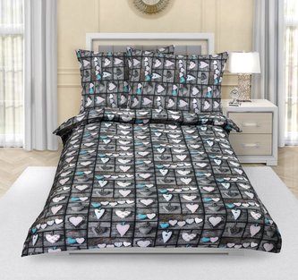 Povlečení bavlněné - patchwork srdce šedé - tyrkysové - 140x200, 70x90