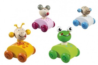 Autíčko so zvieratkom pískacie 7x7cm drevo 1 ks
