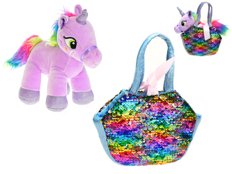 Jednorožec plyšový fialový 19cm s kabelkou s flitry 18x15cm