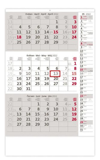 Kalendář nástěnný 2022 - Tříměsíční šedý s poznámkami