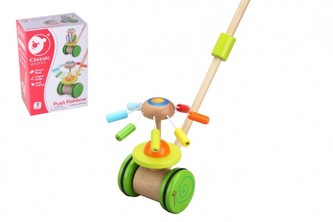 Strkadlo kolotoč tlačiaci dúhový drevo 50cm na kolieskach s tyčkou v krabici 20x29x14cm 12m+