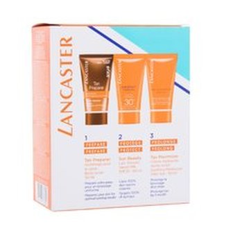 Lancaster Your Legendary Golden Tan tělový peeling Tan Preparer Body Scrub 50 ml + opalovací mléko Sun Beauty Sublime Tan Velvet Milk SPF 30 50 ml + krém po opalování Tan Maximizer Soothing Moisturizer After Sun 50 ml