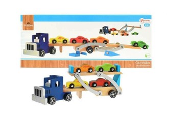 Auto přepravník + auta 4ks dřevo 55cm v krabici