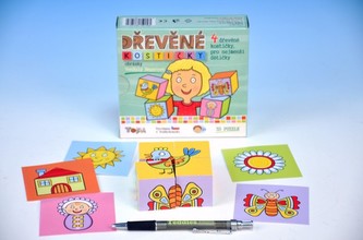 Kostky kubus Obrázky dřevo 4ks v krabičce 14x13x4cm 24m+