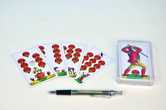 Mariáš jednohlavý společenská hra karty v plastové krabičce 7x11cm