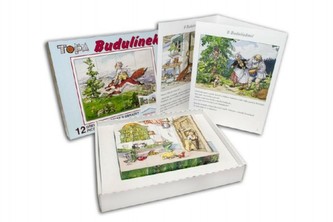 Kostky kubus Budulínek dřevo 12ks + předloha s pohádkou v krabici 22x17x4cm