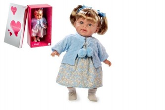 Panenka Arias vonící 42cm modré šaty smějící se měkké tělo na baterie v krabici