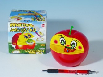 Pokladnička jablko plast 16x10cm asst 2 farby v krabičke