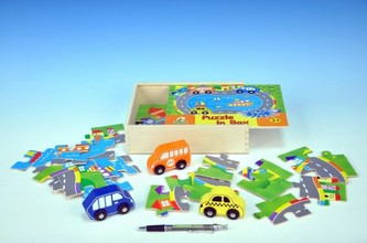 Puzzle Doprava dřevěné 24 dílků + 3 auta v dřevěné krabičce