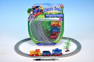 Vlak na klíček + 2 vagónky 19cm s dráhou a doplňky na kartě