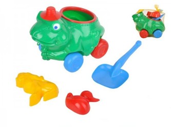 Sada na písek žába tahací 25cm+formičky plast v síťce od 18 měsíců