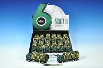 Auto nákladní vojenské 15cm kov zpětný chod na baterie se světlem a zvukem 12ks v boxu