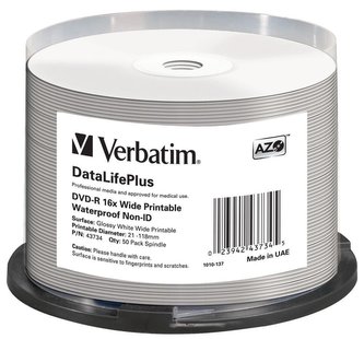 VERBATIM DVD-R 4,7GB/ 16x/ WIDE GLOSSY WATERPROOF/ printable NoID/ 50pack/ spindle