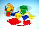 Vedierko sitko lopatka hrabličky 3 bábovky plast v sieťke 20x28x12cm 12m+