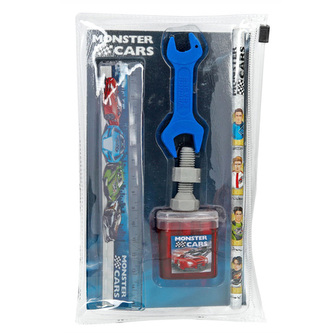 Psací set Monster Cars 5 ks, tužka, pravítko, 2 x guma, ořezávátko