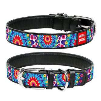 Obojek kožený Waudog Flowers černý (27-36cm/1,5cm)