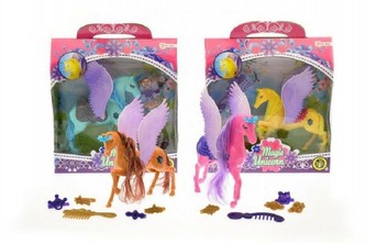 Kůň jednorožec s doplňky plast 13cm na baterie se světlem asst 4 barvy v krabici
