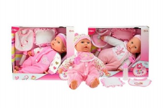 Panenka miminko s lahví a bryndáčkem měkké tělo plast 36cm, 4 druhy (1ks v krabici)