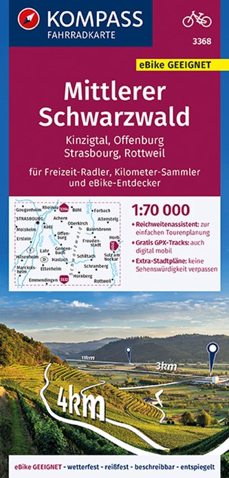 KOMPASS Fahrradkarte Mittlerer Schwarzwald, Kinzigtal, Offenburg, Strasbourg 3368, 1:70 000