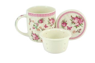 Porcelánový hrnček 390 ml so sitkom a viečkom - ruža, II. akosť