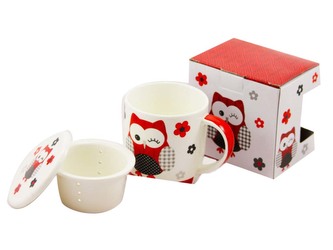 Home Elements hrnek porcelánový Červená sova 400 ml se sítkem