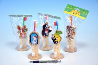 Stojánek na kartáček Krtek dřevo + kartáček; 5 druhů; v sáčku - 1 kus