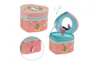 Hrací skříňka šperkovnice Lama natahovací karton srdce 12x8,5x11cm ve fólii